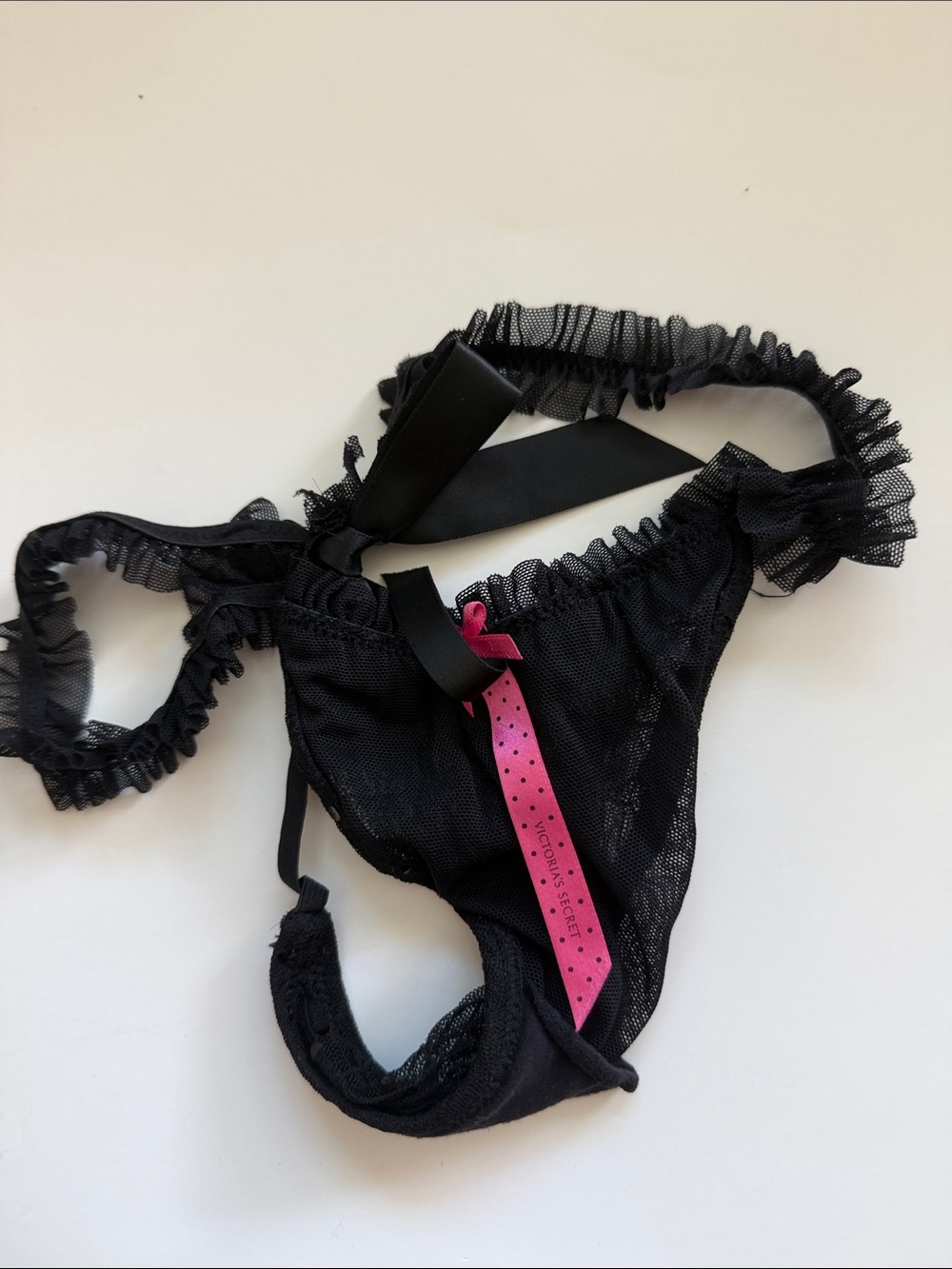 Victoria’s Secret Sexy Little Thing Black Sequined Pink Bow Thong size Small